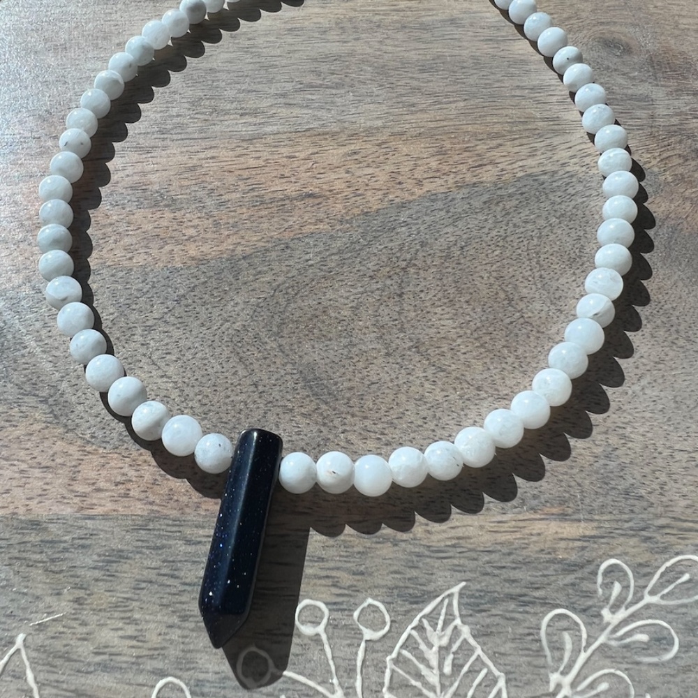 Rainbow Moonstone & Blue Sandstone Point Sterling Silver Necklace